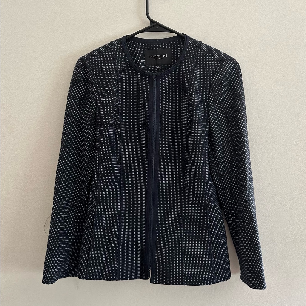 Lafayette 148 New York Navy Blue Pin Dot Blazer Sz 2 Jacket Zip-Up Career